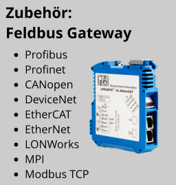 •	Profibus •	Profinet •	CANopen •	DeviceNet •	EtherCAT •	EtherNet •	LONWorks •	MPI •	Modbus TCP Zubehör:   Feldbus Gateway