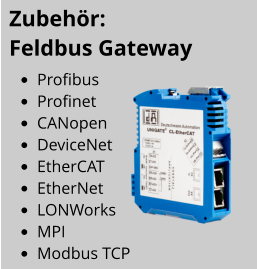 •	Profibus •	Profinet •	CANopen •	DeviceNet •	EtherCAT •	EtherNet •	LONWorks •	MPI •	Modbus TCP Zubehör:   Feldbus Gateway